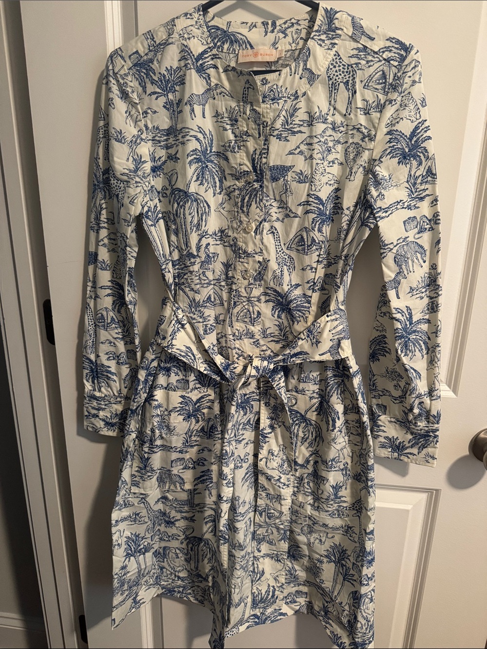 Tory Burch White and Blue Printed  Safari Shirt Dress